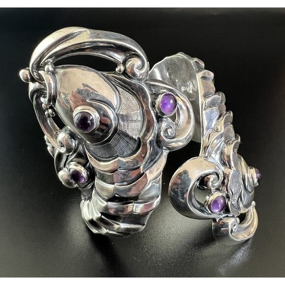 Margot De Taxco Mexico Sterling Silver Amethyst Koi Fish Clamper Bracelet #5207 - Picture 7 of 13